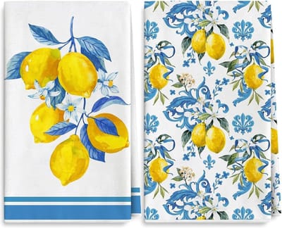 Set van 2 Keukenhanddoeken 40 x 60 cm met Citroen Bloemen, Absorberend en Sneldrogend, Ideaal voor Zomer en Lente Decoratie