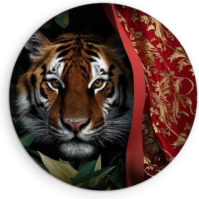 Saammp Muurcirkel Hout - Tijger met rood doek - Natuur - Dieren - Ø 90 - Wandcirkel - Wanddecoratie Cirkel - muurdecoratie Woonkamer - Slaapkamer decoratie - Rond Schilderij