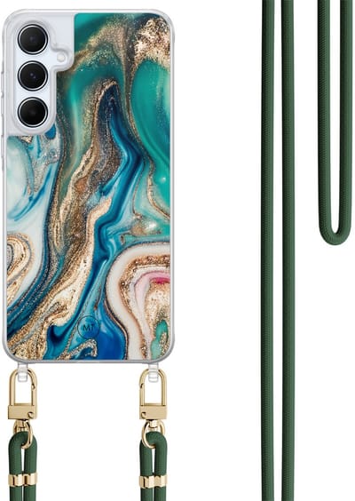 Hoesje met koord geschikt voor Samsung Galaxy A35 5G - Magic marble - Inclusief Groen koord - Crossbody beschermhoes - Transparant, Multi - Mooie Telefoonhoesjes