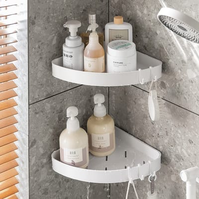 Dailygoods- Hoekplank zelfklevend - Doucheplank zonder boren - 2 stuks - Badkamer met haken - Roestvrij en duurzaam - Eenvoudige installatie - Douchemand