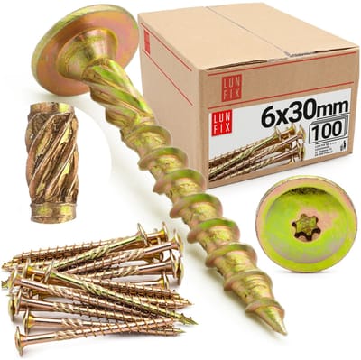 LUN FIX - Tellerkopfschroeven 6x30 - 100 stuks - TX40 Torx - Tellerkop met freestrips - Houtschroeven