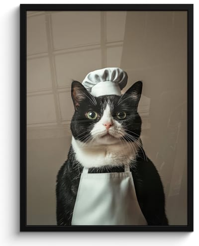 Poster in lijst - Fotolijst 50x70 cm - Posters - Kat - Kokskleding - Zwart - Wit - Posterlijst zwart - Decoratie - Wanddecoratie woonkamer - Muurdecoratie slaapkamer
