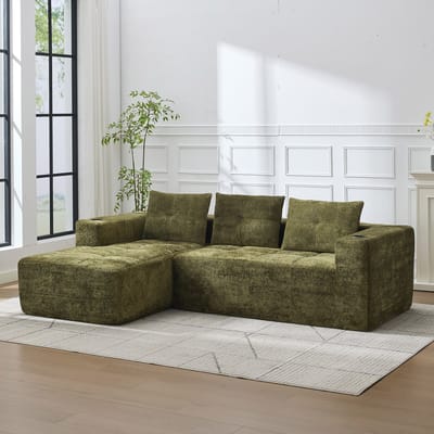 DESMIU Hoekbank 255 Cm - L-Vormige 3-Zits Bank Met Bekerhouders En 3 Kussens - Voor Woonkamer Appartement En Wachtruimte - Chenille Groen