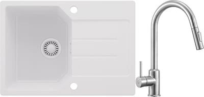 Anycee MAX Granieten Spoelbak 65x45CM - Spoelbakken Keuken Wit - Wasbak Keuken Met keukenkraan met 2 straalsoorten - Spoelbak Met Planchet en Afdruiprek - Spoelbakken Incl. Sifon en Afvoerzeefje