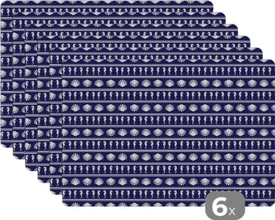 Placemat - Placemats kunststof - Patronen - Zee - Schelpen - Zeepaardje - 45x30 cm - 6 stuks - Hittebestendig - Anti-Slip - Onderlegger - Afneembaar