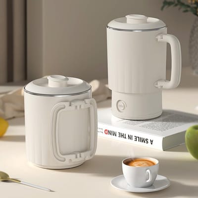 Elektrische waterkoker - Draagbare reiswaterkoker - 600 ml - Kleine elektrische waterkoker - Met inklapbaar handvat - Roestvrij staal van voedselkwaliteit - Dubbele stand, geschikt voor campers, kamperen, enz., beige