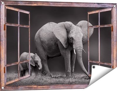 Gards Tuinposter Doorkijk Olifant Moeder en Zoon - Zwart Wit - 90x60 cm - Tuindoek - Tuindecoratie - Wanddecoratie buiten - Tuinschilderij