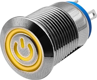 ProRide Metalen Pulsschakelaar 220V OFF-(ON) - 12mm - Momentschakelaar - Spatwaterdicht - LED Indicatie Geel