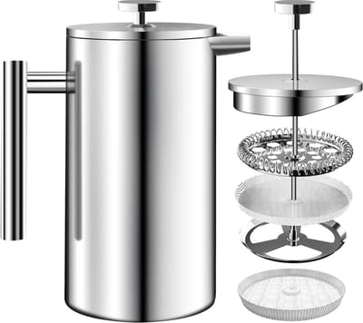 Koffiezetter - Cafetière - Verse Koffie Maken - 3-Traps Filtersysteem - 1 Liter - Zilver