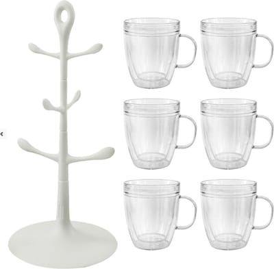 Bodum Bistro - Mokkenhouder met 6x Dubbelwandige Kunststof Glazen Mokken