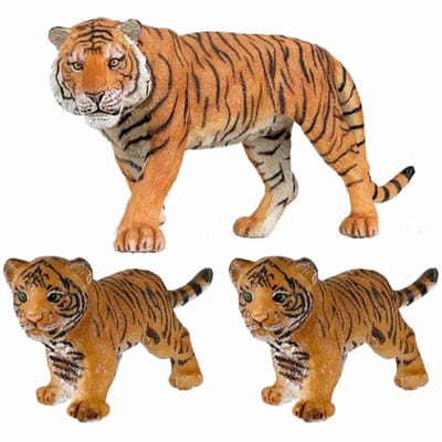 Plastic speelgoed figuren dieren setje van 3x stuks tijgers familie. Moeder en 2x kinderen. Respectievelijk 15 en 3,5 cm