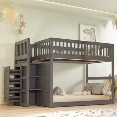 Intebiki Laag Stapelbed - 140 x 200 cm - Veilig Stapelbed met Opbergruimte - Hoge Veiligheidshekjes - Houten Bedframe - Lattenbodem - Hoogslaper - Kinderbed - Grijs - Matras Niet Inbegrepen