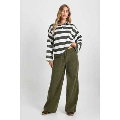 boohoo Dames Kordenbroek met strik in de taille en wijde pijpen | Olive | Maat: 6