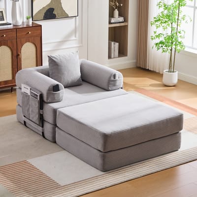 DESMIU Fauteuil 190 x 112 x 67 Cm - Met Hocker, Zijvak En Kussen - Ergonomisch Voor Woonkamer En Slaapkamer - Cord Lichtgrijs