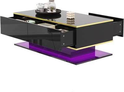 Moderne LED Salontafel - Hoogglans - 100 cm - Gouden Afwerking - 3 Laden - USB-LED-Lichtstrip - MDF - Zwart