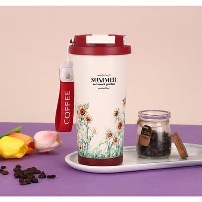 Tasse à café créative en acier inoxydable avec corde de transport, tasse à vide, haut niveau d'apparence, paille à double boisson, tasse cadeau 530ml