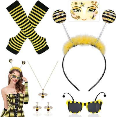 Zesdelige Bijenkostuum voor Vrouwen met Haarband, Bril, Sieraden en Tatoeages voor Carnaval en Feestjes