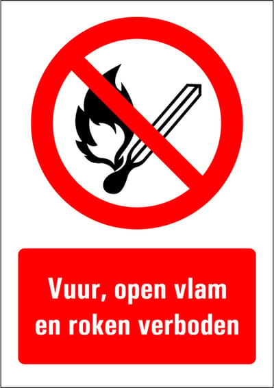 Vuur, open vlam en roken verboden tekststicker 297 x 210 mm (A4)
