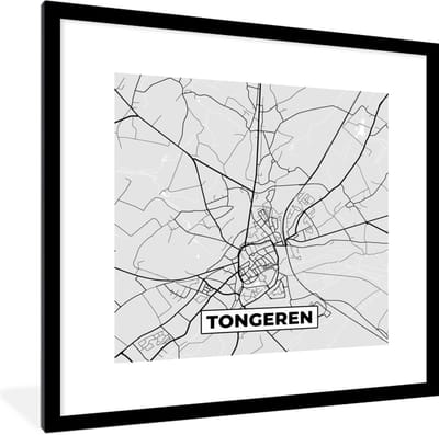 Fotolijst incl. Poster Zwart Wit- Zwart Wit – België – Plattegrond – Stadskaart – Kaart – Tongeren - 40x40 cm - Posterlijst