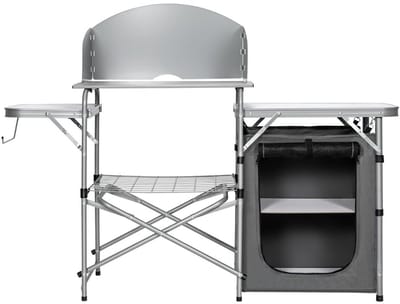 Campingkeuken - Kampeerkast - Opvouwbaar - Campingkast - Afsluitbare compartimenten - Stevige werkbladen - Incl. windscherm - Grijs