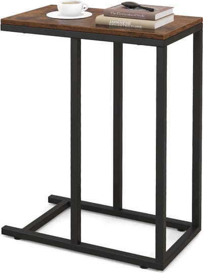 COSTWAY Bijzettafel C-vorm, banktafel met metalen frame, koffietafel voor woonkamer, slaapkamer, kleine ruimtes, salontafel voor bank en bed, laptoptafel, 45,5 x 25,5 x 64 cm (bruin)