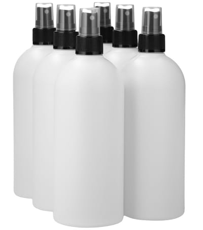 6 x 500 ml ronde fles HDPE wit + Sprayfles pomp Zwart - BPA Vrij - Niet Breekbaar - Plastic Flesjes Navulbaar - Met Dop - Lege Flessen - 6 stuks