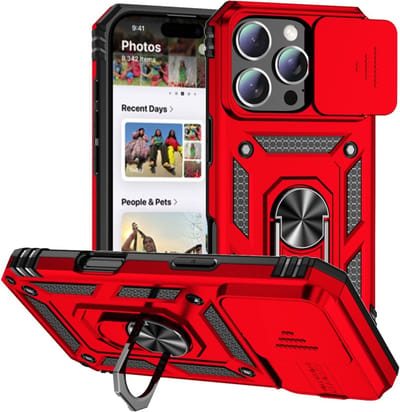 Coverup Hoesje - Geschikt voor iPhone 16 Pro Max Hoesje - Coverup Ring Kickstand Back Cover met Camera Shield - Rood