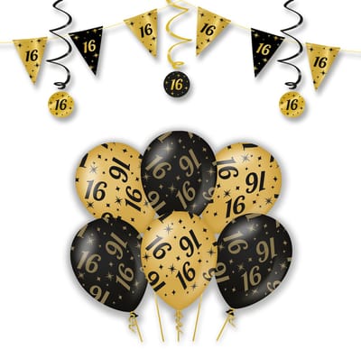 LUQ – Statement Set 16 Jaar – Zwart-Goud – Verjaardag Party Feestpakket Decoraties – Luxe Ballonnen-Slingers-Vlaggenlijn