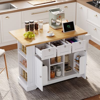Keukentafel - 132 cm - Landelijke Stijl - Met Stopcontact en 5 Wielen - Hout - Eiken