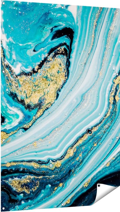 Gards Tuinposter Abstracte Luxe Kunst in het Blauw met Goud - 100x150 cm - Tuindoek - Tuindecoratie - Wanddecoratie buiten - Tuinschilderij