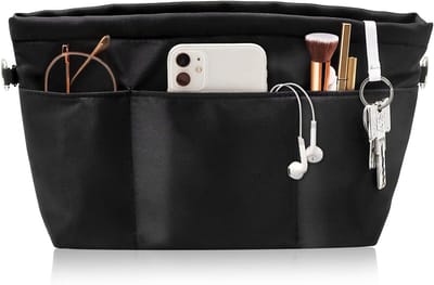 Handtasorganizer maat L, luxe tasorganizer, nylon organizer, tas in tas, tasorganizer met sleutelhanger, waterdicht, meerdere vakken, met rits, binnenzakken Zwart