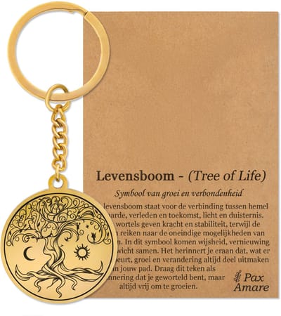 Levensboom Sleutelhanger Goudkleurig - Spirituele Talisman - Roestvrij Staal / Stainless Steel - Tree of Life - Pax Amare