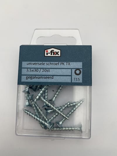 Universele Houtschroef 3.5x30mm. lang. Platkop-Torx-T-10. Verzinkt. 20 stuks Spaanplaatschroeven. Ifix.