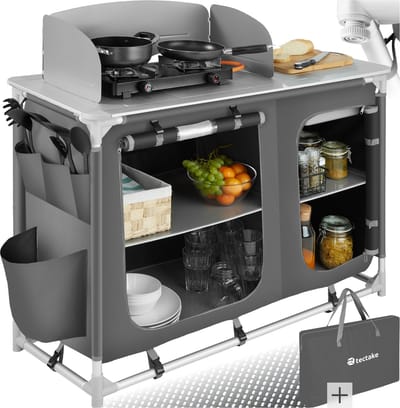 tectake® Campingkeuken - Opvouwbare Campingkast - 116 x 52 x 107 cm - Camping Keuken - Keukenkast met Werkblad, Gootsteen en Opbergvakken - Kampeerkast - met Draagtas - Grijs