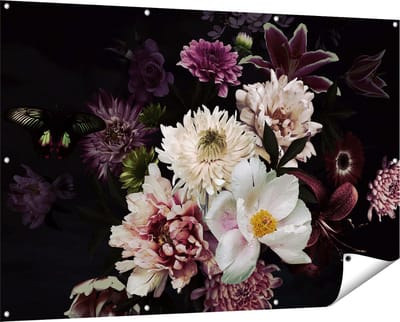 Gards Tuinposter Diverse Bloemen op Zwart Achtergrond - 150x100 cm - Tuindoek - Tuindecoratie - Wanddecoratie buiten - Tuinschilderij