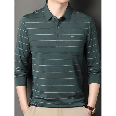 Lente en herfst Nieuwe heren T-shirts met lange mouwen voor jong en oud Mode Gestreepte revers Casual heren POLO-shirts Trendy T-shirts 4XL black
