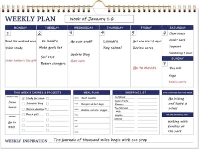 Gezinsplanner Week - Weekkalender Agenda - Gezinsactiviteiten Plannen - Ruime Weekindeling - 43 x 30 cm - Blauw