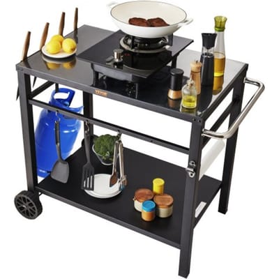 VEVOR Serveerwagen Keukentrolley 100 x 64 x 83,5 cm Buitengrill Eetwagen met Dubbele Plank, Verplaatsbare Grilltafel voor Voedselbereiding, Multifunctioneel Tafelblad van IJzer, Zwart