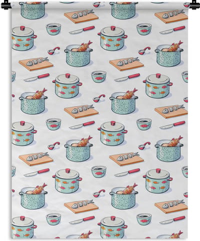 Wandkleed - Wanddoek - Patronen - Koken - Eten - Vis - Pan - 150x200 cm - Wandtapijt