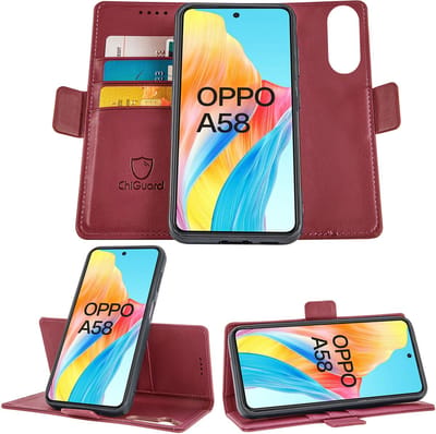 Geschikt voor Oppo A58 - Book Case Hoesje - Uitneembaar Hoesje - Magnetische Sluiting - Portemonnee Bordeaux Rood