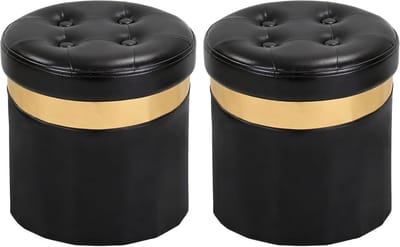 Opbergpoef - Voetenbankje Kruk - Woonkamer Slaapkamer - Gouden Rand - 33cm Hoog - Zwart