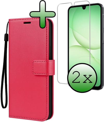 Hoesje Met 2x Screenprotector - Geschikt voor Samsung Galaxy A17 - Luxe Pasjeshouder - Bookcase Portemonee - Flip Case - Kunstleer Book Case - Flipcase Hoes - Book Cover - Walletcase - Portemonneehoes - Donkerroze