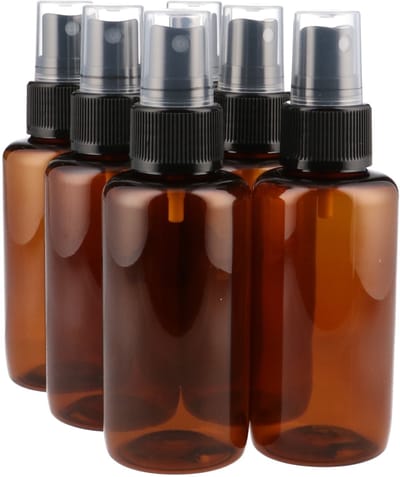6 x 100 ml ronde fles bruin PET + Spraypomp zwart - 6 stuks