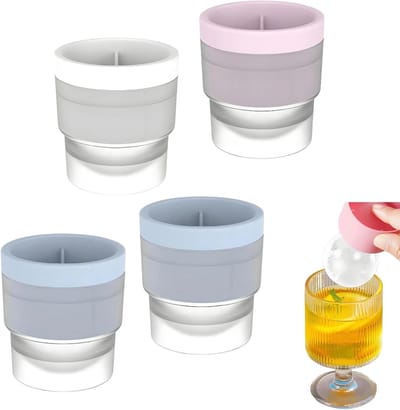 Set van 4 ijsballenvormen - 6 cm ronde ijsblokjesvormen met deksel, herbruikbare siliconen ijsballenmakerset (2 blauw, 1 wit, 1 roze) voor whisky en cocktails