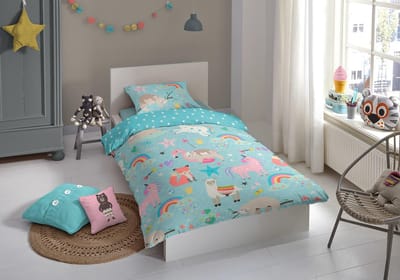 Good Morning Kinderdekbedovertrek "dieren en regenbogen" - Aqua - (140x200/220 cm) - Katoen