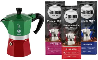Bialetti Moka Express Italia 6 kops + Bialetti koffiepakket 3x250gr