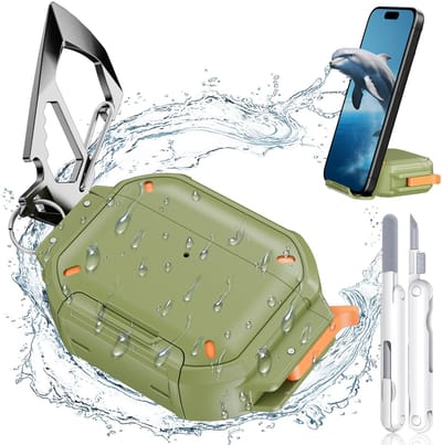 Waterdichte geschikt voor AirPods Pro 3 Hoes met Lock en Metalen Haak | Schokbestendige Hard Shell Bescherming met Reinigingskit | Groen