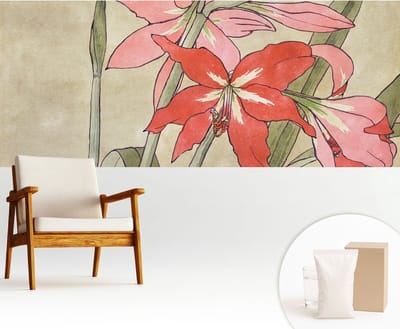 Wallfluent Behang - Dagbloem Muurbehang - 250x104 cm - Beige Behang - Voor liefhebbers van natuur en oosterse kunst - Behang Voor de woonkamer, slaapkamer en kantoor - Behangrol Bloemen en planten