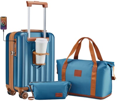 Kofferset – Voor reizigers en handbagage – Uitbreidbaar met reistas, bekerhouder en TSA-slot – Lichtgewicht, duurzaam, blauw, met spinnerwielen (46 cm)