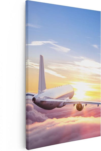 Artaza Canvas Schilderij Zonsondergang - 20x30 cm - Klein - Wanddecoratie Vliegtuig - Muurdecoratie Wolkenlucht - Kamer Accessoires